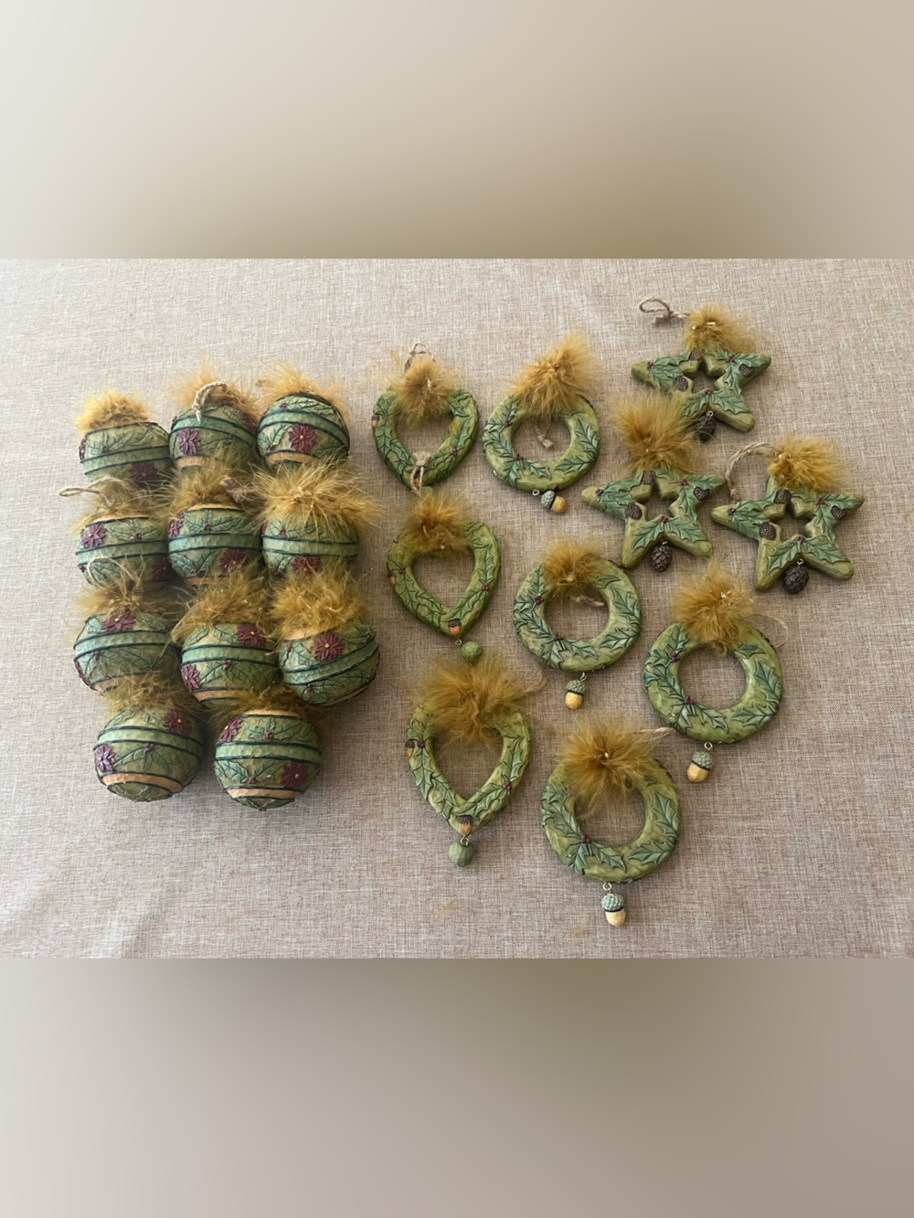 Decorative Hanging Ornaments balls,hearts, wreaths, stars with Gold Fur Accents